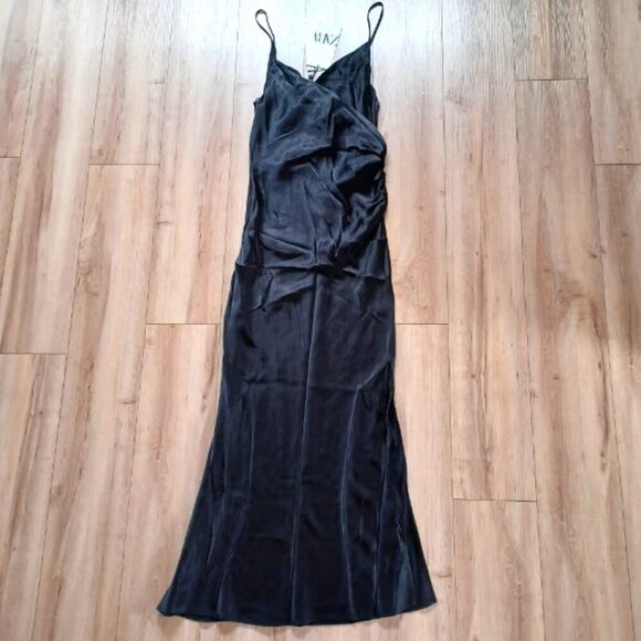 Zara Strappy Satin Effect Gathered Slip Midi Dress Black XS NWT - Picture 4 of 10